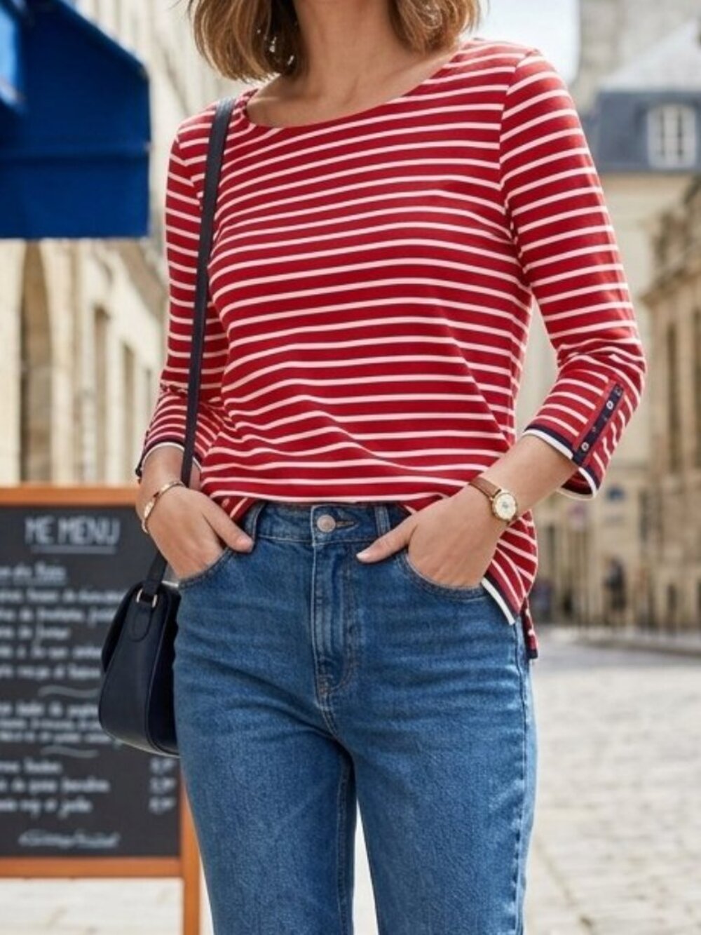 Talbots Women's Red White Strip T-Shirt 3/4 sleeves Size M Stretchy Casual